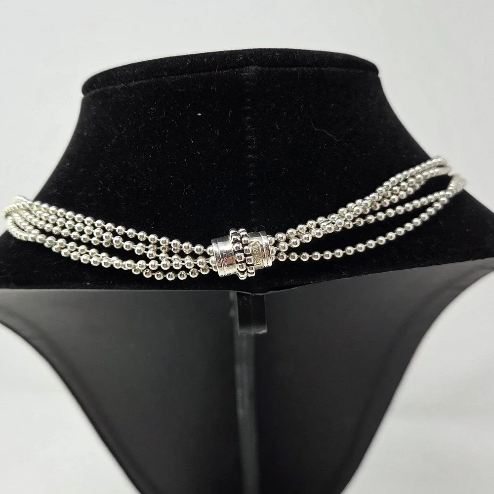ESPO Sterling Silver 5 Strand Oval Black Onyx Amber Accent Snap Necklace 18